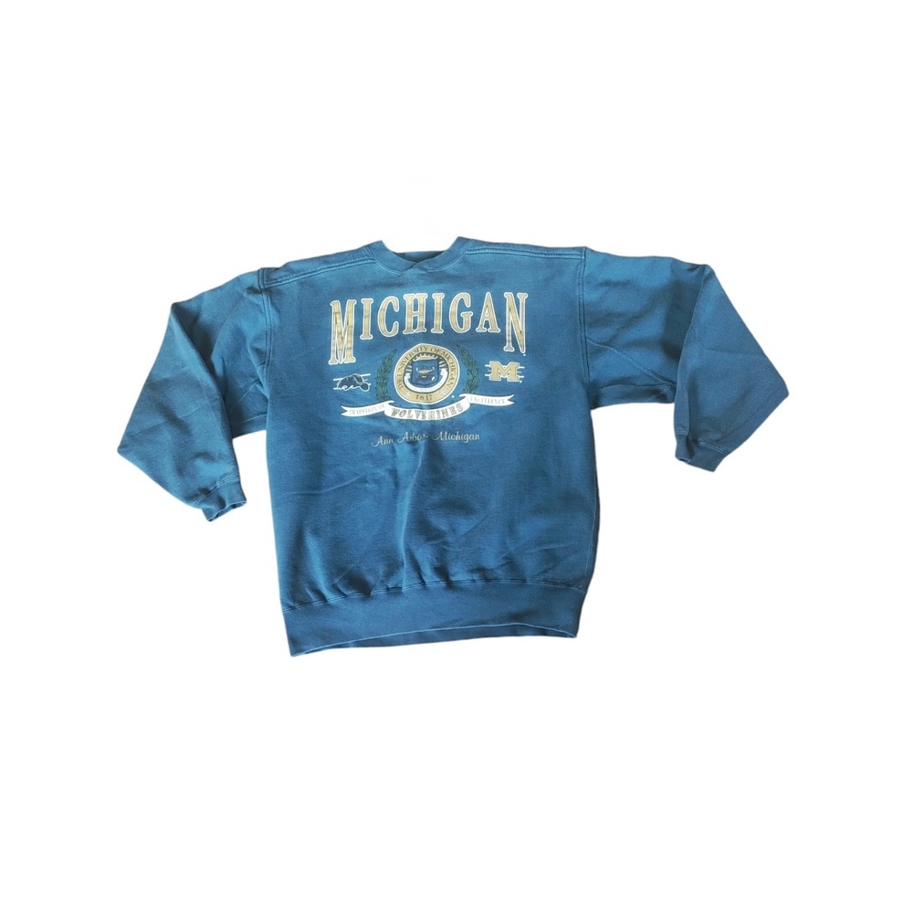 Vintage Michigan Wolverines M Crewneck Men Pullover Heavy Galt Sand Distressed